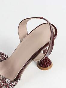 Women's Fashionable Elegant Burgundy Rhinestone Decor Pointed Toe Ankle Strap High Heel Sandals, Charming Glamorous Sparkling Party Wedding High-End Event Outdoor Activity Daily High Heels,Spring Summer Outfits - Burgundy - View 8