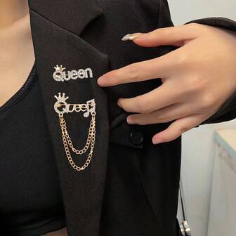 1pc Crown QUEEN Letter Elegant Zinc Alloy Rhinestone Brooch, Suitable For Women's Daily, Wedding, Party Wear, Autumn/Winter Coat, Holiday Gift