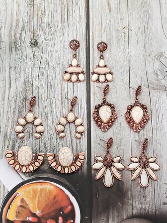 1对西部牛仔风格米色复古铜几何吊坠耳环