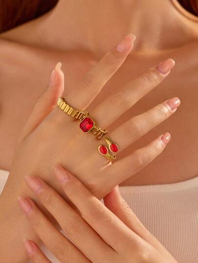 3pcs Stainless Steel Gold-Tone Vintage Style Rings Set For Women, Inlaid With Red Zirconia, Suitable For Daily Wear Or Gift