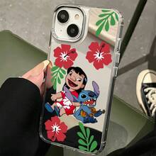 Miniso Disney  Stitch  Phone Case, Features Lilo In A Red - White Dress And Stitch Playing A Ukulele, Surrounded By Red Hibiscus Flowers And Green Leaves,TPU Mirror Phone Case For Iphone17 Pro Max/17 Pro/17 Air/17 16/15/14/13/12/11,Iphone 17 Pro Max Case,Iphone 17 Pro Case,Iphone 17 Case,Stocking Stuffers,The Girlfriend,The Chosen,Early Fall Fashion. - Silver - View 1