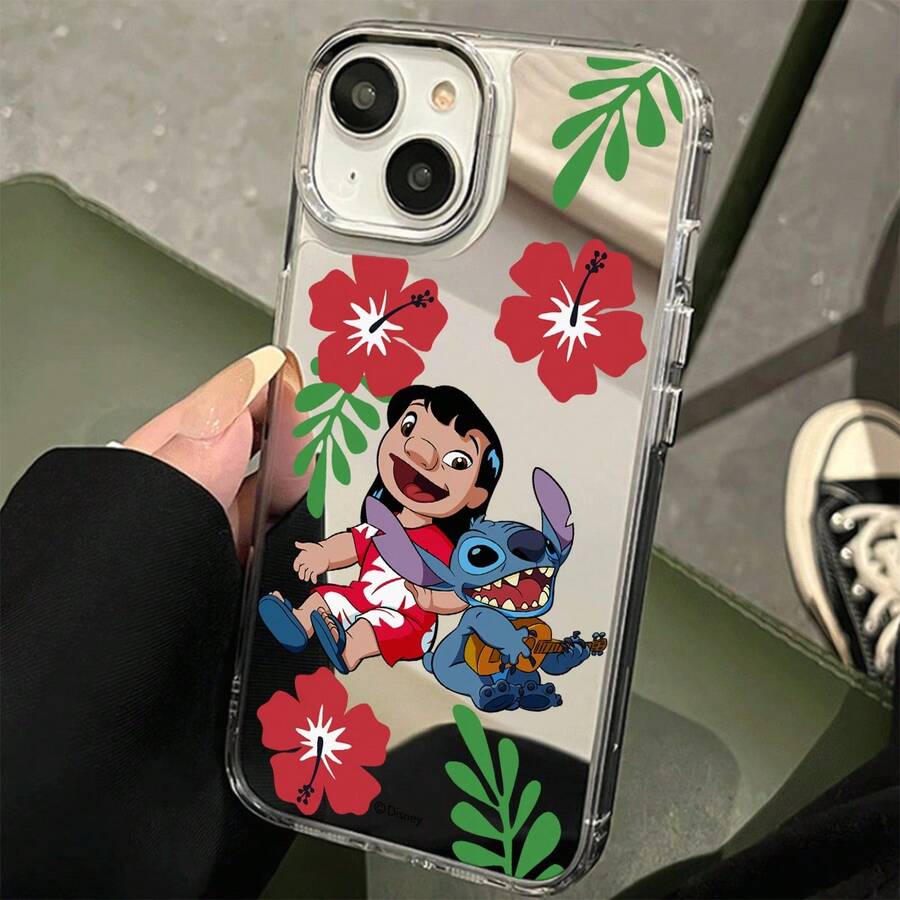 Miniso Disney  Stitch  Phone Case, Features Lilo In A Red - White Dress And Stitch Playing A Ukulele, Surrounded By Red Hibiscus Flowers And Green Leaves,TPU Mirror Phone Case For Iphone17 Pro Max/17 Pro/17 Air/17 16/15/14/13/12/11,Iphone 17 Pro Max Case,Iphone 17 Pro Case,Iphone 17 Case,Stocking Stuffers,The Girlfriend,The Chosen,Early Fall Fashion. - Silver - View 1