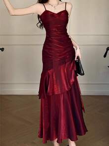 优雅别致的酒红色女士时尚派对吊带鸡尾酒裙复古修身包臀生日吊带舞会红色礼服婚礼 - 酒紅色 - 查看 4