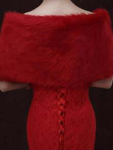 1 pieza Chal de piel sintética de unicolor con botón de perla, versátil para vestido de novia, boda, fiesta, uso diario, Halloween, decoración navideña - Blanco - Ver 3