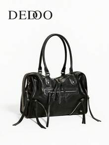 Dedoo Túi Boston da nứt kiểu Punk đính đinh tán và sáp, có thể cầm tay/đeo vai, lý tưởng cho việc đi lại và khám phá thành thị - màu đen - Xem 5