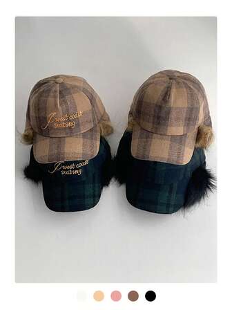 1 pieza Gorra de béisbol con protección de oreja de piel sintética a cuadros retro, sombrero de aviador de moda para mujer, gorro de trampero cálido y peludo para hombre, gorra de béisbol con pelo a cuadros, gorra Snapback de estilo callejero elegante para mujer en otoño/invierno