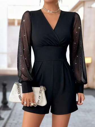 Elegant Black V-Neck Long Sleeve Straight Leg Sheer Mesh Panel Jumpsuit, Collar Bishop Sleeve Wrap Hem Jumpsuit Fall Cloth For Women