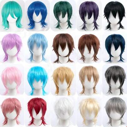 12英寸合成黑色金色紫色短直发，适合男孩派对，耐热假发，鲻鱼头型，男士角色扮演假发，派对假发