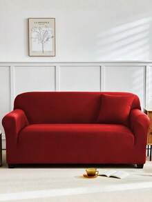 1pc Christmas Solid Color Milk Silk Universal Stretch Full Coverage Sofa Cover + 1pc Matching Pillow Cover Without Filler - Red - View 5
