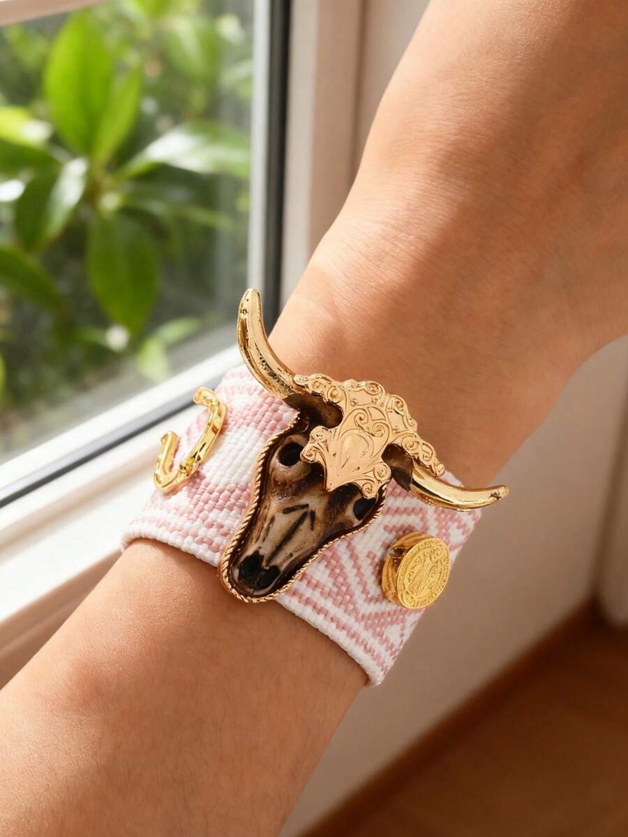 1pc Y2K Western- Cowboy Style Colorful Alloy Bull Head Engraved Horseshoe Cross Tassel Braided Bracelet For Women, Perfect For Everyday Outings, Dates, And Parties. An Elegant Gift For Ladies, Ideal As A Valentine's Day Present For Your Sweetheart - Bull Head Bracelet - View 1