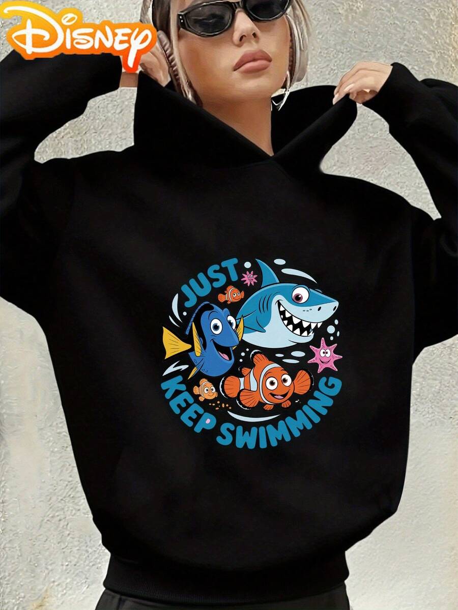 Women'S Pink Hoodie With "Just Keep Swimming" Graphic - Cozy Fleece-Lined Pullover Featuring Dory, Marlin, And Friends From "The Little Mermaid" - Casual Fall/Winter Wear, Mermaid Party Decorations, Daisy Female, Woman'S Sweater With Hawaiian Palm Print, Sweater Woman Daisy Duck - Black - View 1