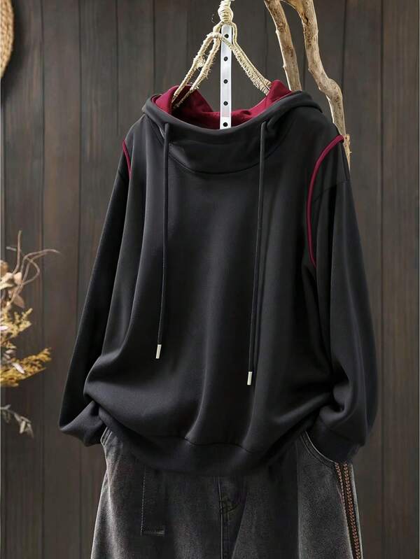 Cómoda sudadera de punto con capucha de talla grande para mujer, de color negro con contraste, de manga larga, de corte holgado, cálida para otoño/invierno, de estilo vintage casual minimalista, de longitud regular, con parches y cordón, para uso diario