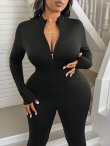 Plus Size Women's Skinny V-Neck Zip-Up Workout Jumpsuit, Casual Slim Yoga Romper Bodysuit Bodycon Sexy One Piece, Easy To Match Looks Slim, Flatter The Figure Fall, Plus Size Womens Jumpsuit. - 黑色 - 查看 10