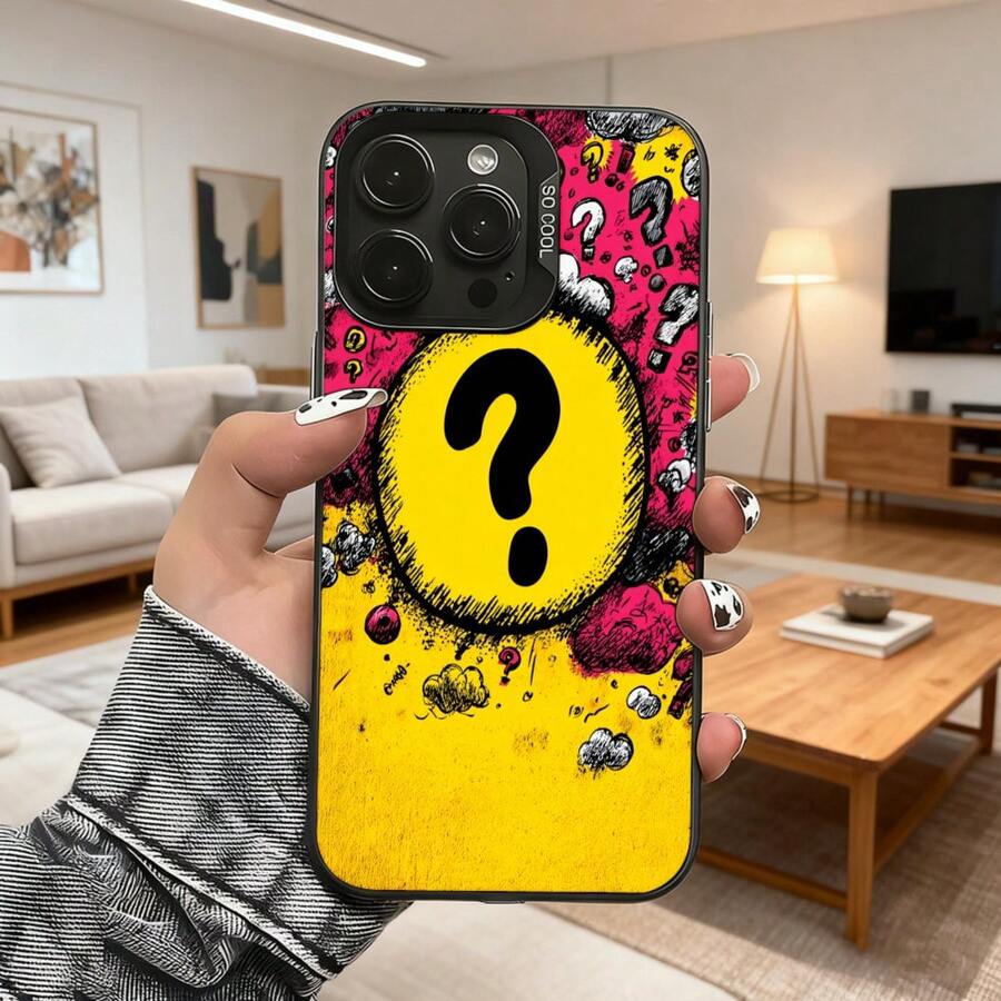 Cubierta de teléfono con diseño de interrogación amarilla y fondo rosa con estampado gráfico para uso diario en casa y salidas Aplicable a teléfonos Apple y Galaxy. - Negro - Ver 1