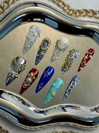 10-Piece Gothic Stiletto False Nail Set - Handmade Featuring A Color Palette Of Red, Purple,White,Royal Blue And Silver Gray, Hand-Painted 3D Metallic Relief Craftsmanship,And Elements Like Pearl, Silver Beads, And White Rhinestones, It Presents A Gothic Style That Is Gorgeous, And Punk-Inspired. Suitable For Parties, Occasions Daily Wear Great Gift ForWomen And Girls,With 1 Jelly Pad And 1 Nail File