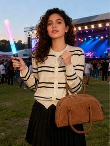 Cárdigan de punto a rayas estilo bohemio informal para mujer, manga larga, cuello redondo - Albaricoque - Ver 8