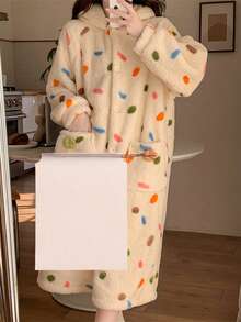 彩色波点简约可爱珊瑚绒睡衣 女士冬季连帽睡袍 保暖家居服 - 彩色 - 查看 6