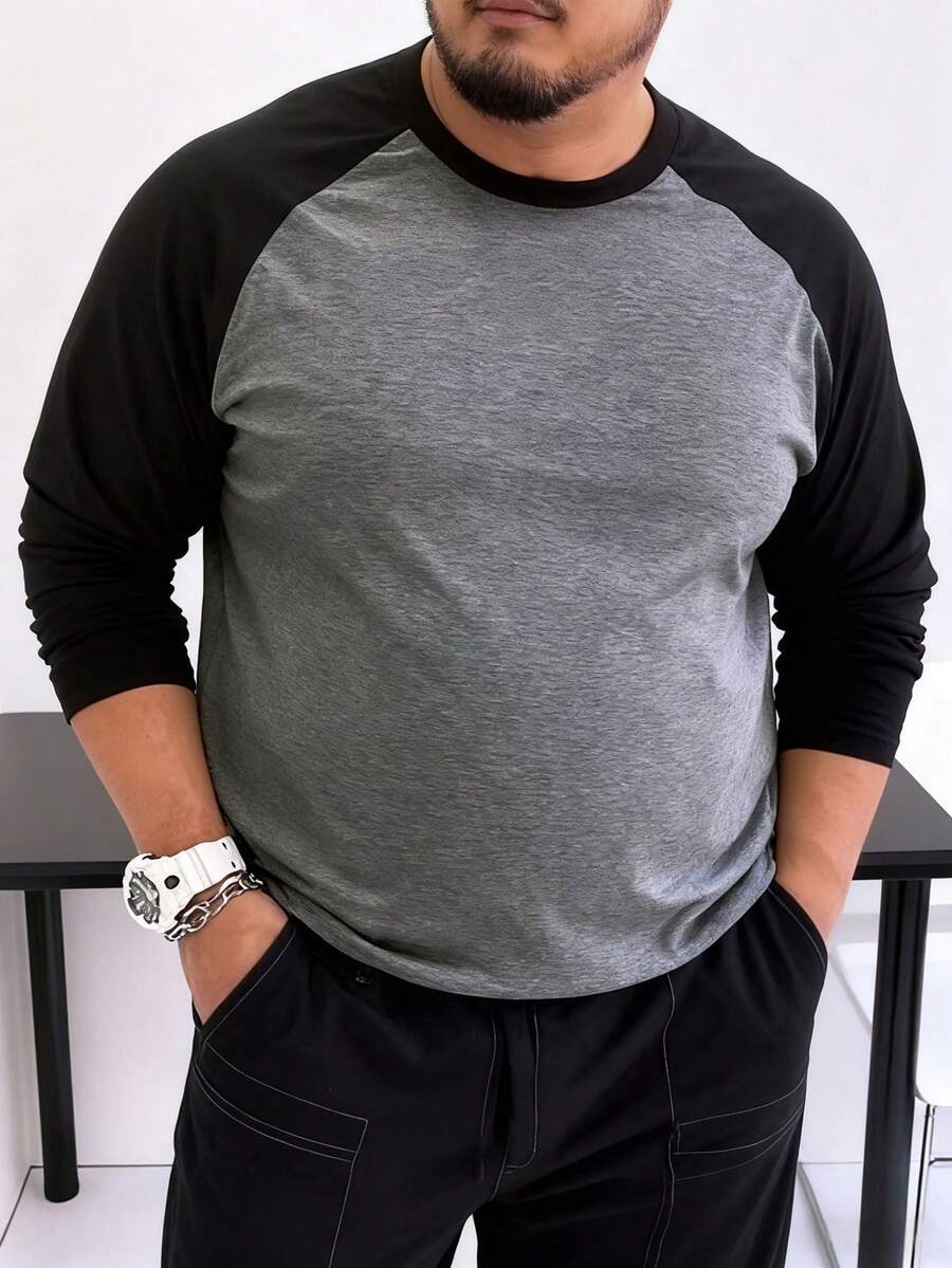 Camiseta masculina plus size de manga comprida com gola redonda, camiseta plus size com manga raglan - Preto - Ver 1