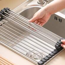 Estante de escurridor de platos para fregadero de cocina multifuncional con alfombrilla de secado de platos, estante de escurridor de platos enrollable y plegable de acero inoxidable - Negro - Ver 1