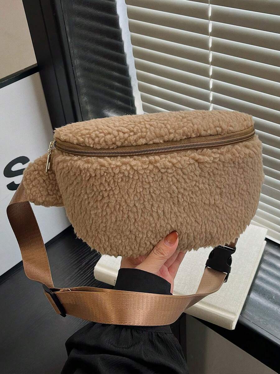 女童秋冬新款时尚大容量羊羔毛腰包女士斜挎包
