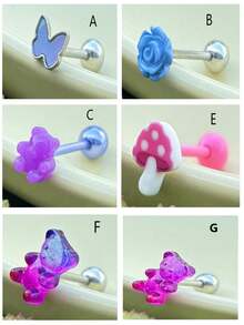 1件装亲肤低敏钛钢舌环，款式包括：可爱小熊、蓝玫瑰、粉红蘑菇、蓝花、蝴蝶等。钛钢舌钉饰品 - 卡通舌釘 - 查看 2