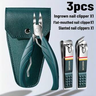 3pcs Dark Green Nail Clipper Set, Stainless Steel Ingrown Toenail Clippers, Anti-Splash Pedicure Tools, Manicure & Pedicure Kit, Home & Travel Essential Nail Trimmer For Fingers And Toes