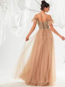 VIPGIRL Brown Off-Shoulder Mesh Sequin A-Line High Slit Maxi Evening Dress - Brown - View 2