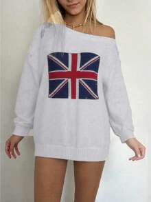 Suéter/Top lindo con cuello redondo, estampado de bandera británica y hombros caídos de manga larga, adecuado para uso casual, vida diaria, citas, hogar, fiestas, Halloween, Navidad, Acción de Gracias, atuendo de otoño/invierno para mujer, con textura similar a la lana - Gris - Ver 2
