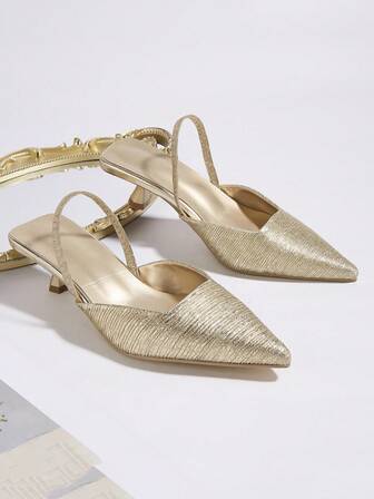 Women's Solid Color Pleated Kitten Heel Shoes, Elegant Pointed Toe High Heels, Fashionable Ankle Strap High Heels (Random Cut)