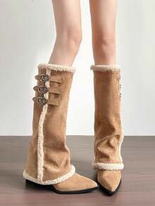 女士高筒靴，保暖内衬，雪地靴，高筒骑马靴，时尚护腿靴 - 卡其色 - 查看 1