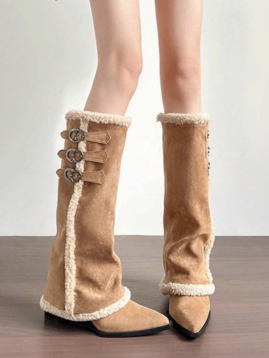 女士高筒靴，保暖内衬，雪地靴，高筒骑马靴，时尚护腿靴 - 卡其色 - 查看 1
