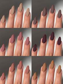 144片（6种混合色）哑光杏仁形亮棕色和浅棕色亚克力按压式美甲贴片，包含1片果冻胶和1个指甲锉，易于佩戴，适合女性日常工作、派对和其他场合。 - 棕色 - 查看 2