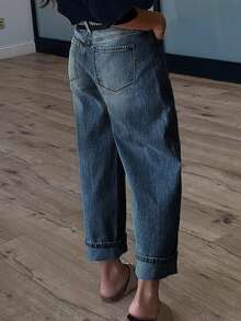 Women's Mid-Rise Non-Stretch Front Button Straight-Leg Jeans, Daily Casual Design - Rửa tối - Xem 4