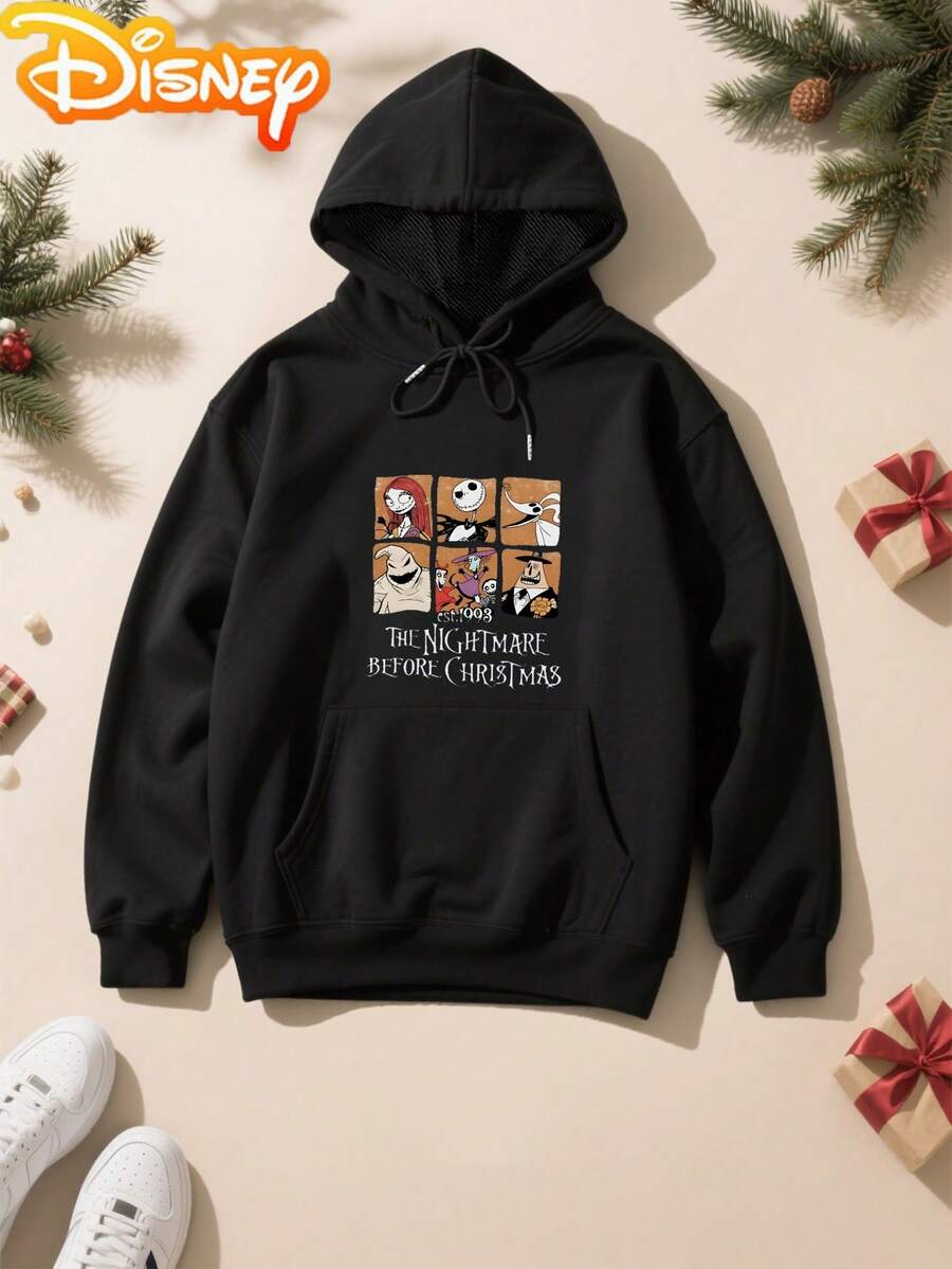 Nightmare Before Christmas Women's Gothic Hooded Sweatshirt - Tim -Inspired & Sally Graphic Pullover, Officially Licensed Casual Winter Sweater For Fans, Machine Washable, Round Neck, Soft Fabric, Fall & Winter Wear, Iconic Characters, Themed Apparel - màu đen - Xem 1