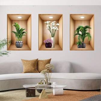 3件套3D逼真绿色植物盆栽相框墙贴，花卉植物自粘墙贴，适用于客厅、卧室、电视背景墙装饰，可移除PVC壁纸