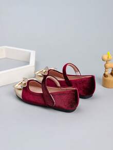 Girls' Colorblock Velvet Bow Flat Outdoor Shoes, Autumn/Winter - Burgundy - View 5