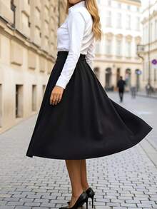 女士优雅飘逸A字型长款连衣裙，黑色无弹力面料，适合工作和休闲场合。 - 黑色 - 查看 1