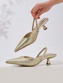 女士纯色褶皱猫跟鞋,优雅尖头高跟鞋,时尚踝带高跟鞋(随机裁剪) - 金色 - 查看 6
