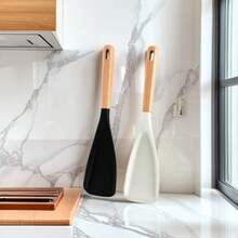 1pc Non-Stick Cooking Spoon, Ideal For Cooking And Serving, Sturdy Matte Silicone With Wooden Handle For Mixing, Scooping And Scraping (Black And Gray, 12.3 Inches) - Multicolor - View 4