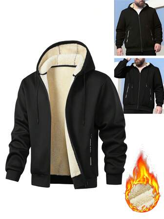 大码男士连帽运动衫，保暖内衬，加厚休闲户外徒步旅行运动夹克