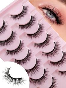 7 pares de cílios postiços com curvatura C, aparência natural, curtos e delicados, estilo olho de gato, faixa fina, cílios de vison, 13 mm de volume, cílios postiços semi-estilizados para festas.