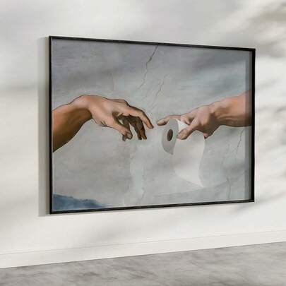 A Humorous Bathroom Canvas Painting, A Parody Of Michelangelo's Toilet Paper Print, Canvas Wall Art, Room Decoration Poster, Home Decor, Room Aesthetics Decoration, Room Decoration Supplies. Frames Are Available. Suitable For Room Decoration And Bathroom Decoration.