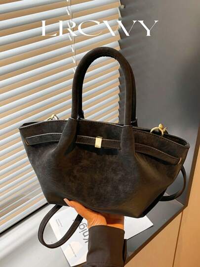 Women's Handbag Woven Basket Bag, Fashion Drawstring Buckle Design, Minimalist Elegant Retro Crossbody Bag, PU Matte Black, Suitable For Autumn/Winter