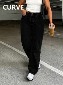 Women Plus Size Classic Solid Color Straight Leg Jeans, Fashionable Versatile Slim-Fitting - Black - View 7