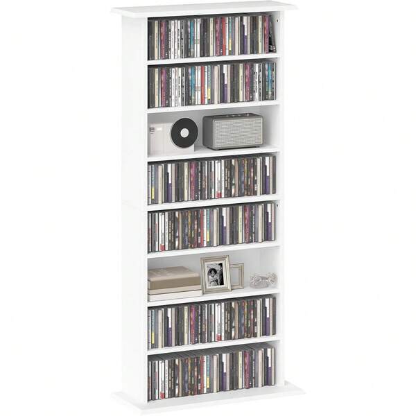 Slim Media Storage Cabinet, 8-Tier DVD Shelf With 6 Adjustable Shelves, 8 Compartments, Holds 360 CDs, 185 DVDs Or 185 Blu-Rays, White