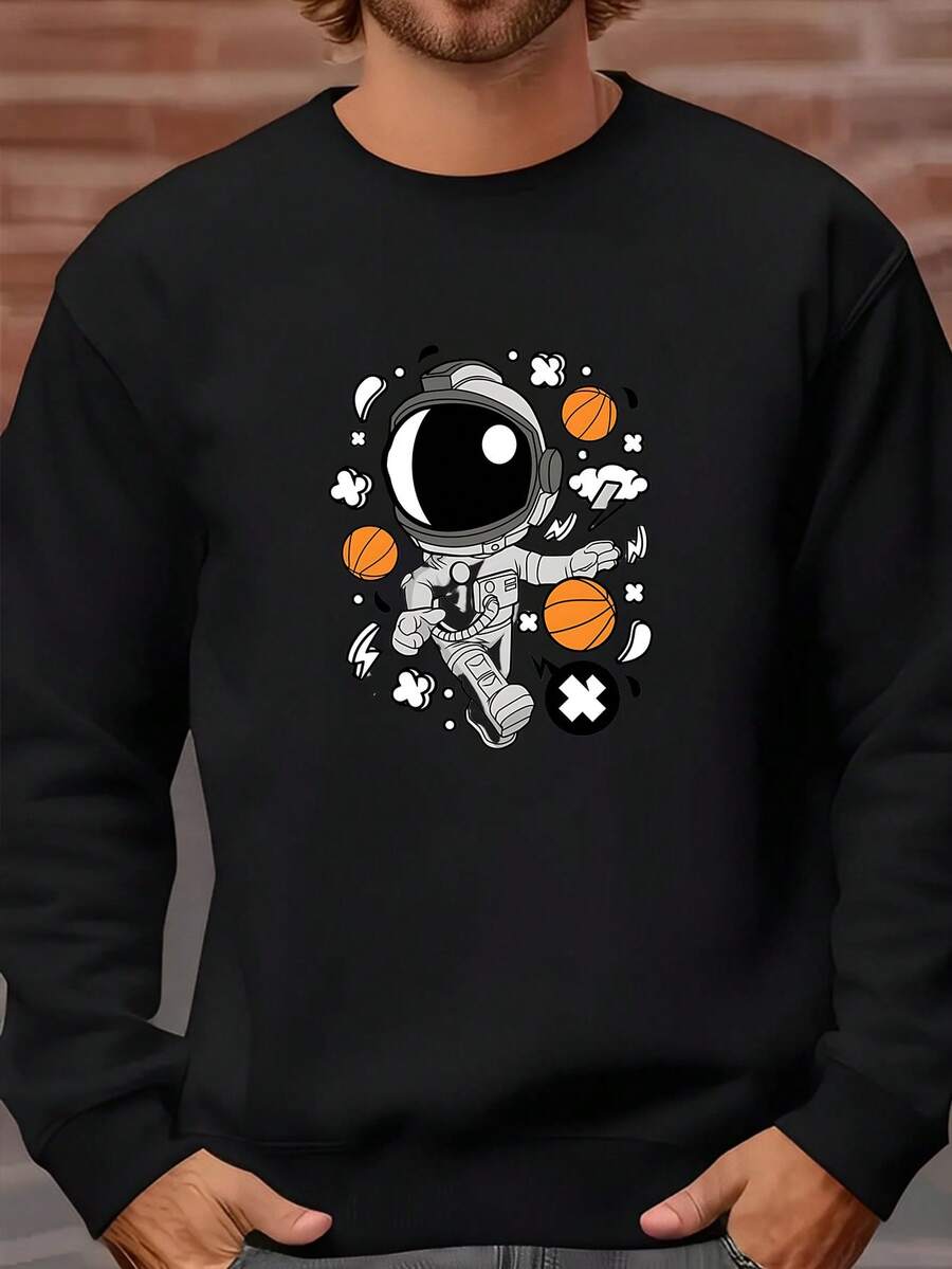 Suéter de Astronauta para Hombres con Temática Espacial y Baloncesto - Cuello Redondo Casual, Manga Larga con Estampado de la Luna e Inglés, Ropa Deportiva Fanática Gimnasio/Invierno Lavable a Mano Jerseyde Atrónomo, Suéter de Halloween para Hombres, Suéter Navideño Divertido, Camisetas de Manga Larga para Hombres, Camisetas de Halloween para Hombres Manga Larga, Suéter de Navidad para Hombres, Camisas de Manga Larga para Hombres, Suéteres de Halloween para Hombres, Sudadera - Oscuro - Ver 1