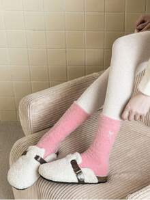 3/6Pairs Of White And Pink Fuzzy Women's Crew Socks, Bow Pattern Warm Socks, Soft And Comfortable, Suitable For Autumn And Winter,Random Colors - 3對 - 查看 9