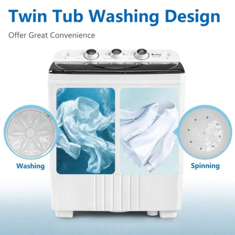 Twin Tub With Built-In Drain Pump XPB45-428S 20Lbs Semi-Automatic Twin Tube Washing Machine For Apartment, Dorms, RVs, Camping And More, White&Black US Standard - US A Type Plug(110-127V) - View 1