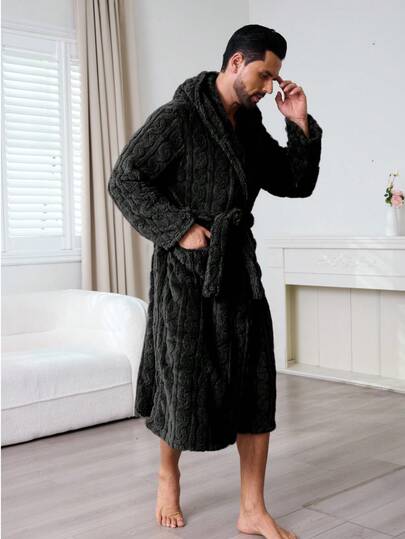 1pc Autumn/Winter Multicolor Long Plush Cable Knit Hooded Bathrobe, Elegant & Charming Fashion Men's Casual Loungewear & Couples Robe