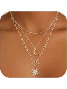3Pcs Layered 14K Gold Plated Necklaces For Women Dainty Necklace Stack Silver Plated Non Tarnish Free Pendant Chunky Chain Pearl Paperclip Cross Heart Necklace Set For Women - 14K鍍金項鍊+月亮 - 查看 1